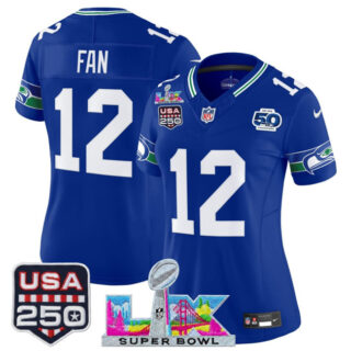 Women's Seattle Seahawks #12 Fan Royal 2025 F.U.S.E. Super Bowl LX Patch And 50th Season & USA 250' Patch Vapor Throwback Limited Stitched Football Jersey(Run Small)
