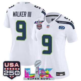 Women's Seattle Seahawks #9 Kenneth Walker III White 2025 F.U.S.E. Super Bowl LX Patch And 50th Season & USA 250' Patch Vapor Limited Football Stitched Jersey(Run Small)