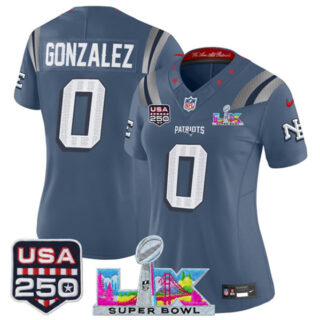 Women's New England Patriots #0 Christian Gonzalez Storm Blue 2025 F.U.S.E. Super Bowl LX & USA 250' Patch Rivalries Vapor Limited Football Stitched Jersey(Run Small)