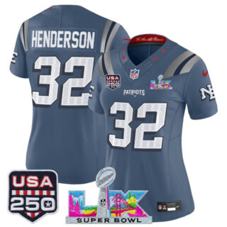 Women's New England Patriots #32 TreVeyon Henderson Storm Blue 2025 F.U.S.E. Super Bowl LX & USA 250' Patch Rivalries Vapor Limited Football Stitched Jersey(Run Small)