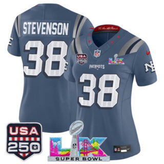 Women's New England Patriots #38 Rhamondre Stevenson Storm Blue 2025 F.U.S.E. Super Bowl LX & USA 250' Patch Rivalries Vapor Limited Football Stitched Jersey(Run Small)