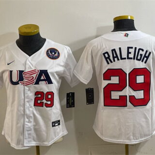 Women's USA Baseball #29 Cal Raleigh White 2026 World Baseball Classic United States 250th Anniversary Patch Stadium Stitched Baseball Jersey(Run Small)