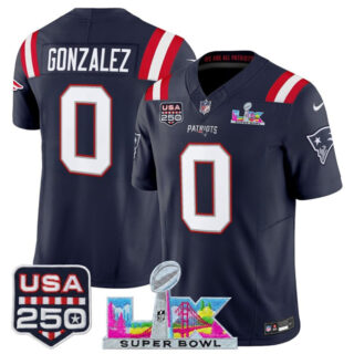 Youth New England Patriots #0 Christian Gonzalez Navy 2025 F.U.S.E. Super Bowl LX Patch And USA 250' Patch Vapor Limited Stitched Football Jersey