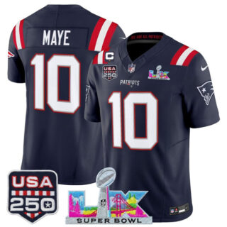 Youth New England Patriots #10 Drake Maye Navy 2025 F.U.S.E. 1-Star C Patch And Super Bowl LX Patch & USA 250' Patch Vapor Limited Stitched Football Jersey