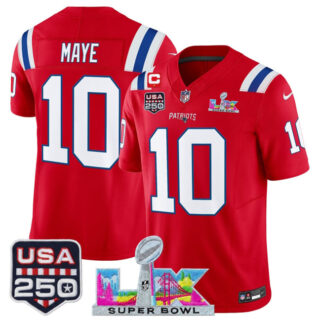 Youth New England Patriots #10 Drake Maye Red 2025 F.U.S.E. 1-Star C Patch And Super Bowl LX Patch & USA 250' Patch Vapor Limited Stitched Football Jersey