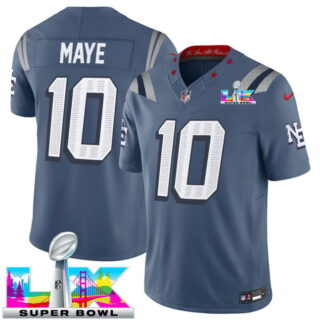 Youth New England Patriots #10 Drake Maye Storm Blue 2025 F.U.S.E. Super Bowl LX Patch Rivalries Vapor Limited Stitched Football Jersey