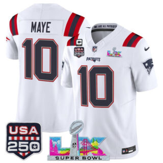 Youth New England Patriots #10 Drake Maye White 2025 F.U.S.E. 1-Star C Patch And Super Bowl LX Patch & USA 250' Patch Vapor Limited Stitched Football Jersey