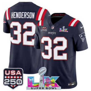 Youth New England Patriots #32 TreVeyon Henderson Navy 2025 F.U.S.E. Super Bowl LX & USA 250' Patch Vapor Limited Stitched Football Jersey