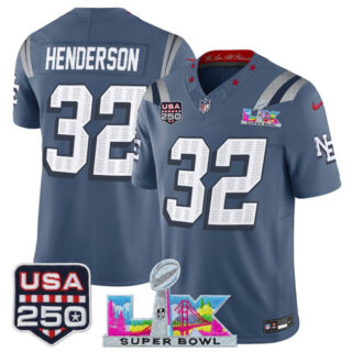 Youth New England Patriots #32 TreVeyon Henderson Storm Blue 2025 F.U.S.E. Super Bowl LX & USA 250' Patch Rivalries Vapor Limited Stitched Football Jersey