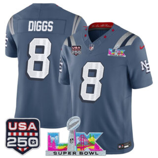 Youth New England Patriots #8 Stefon Diggs Storm Blue 2025 F.U.S.E. Super Bowl LX & USA 250' Patch Rivalries Vapor Limited Stitched Football Jersey