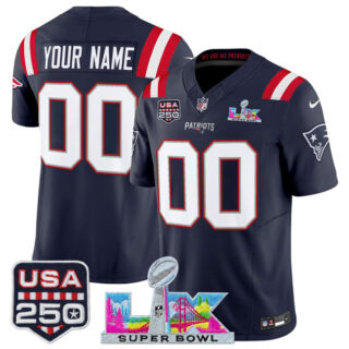 Youth New England Patriots Active Player Custom Navy 2025 F.U.S.E. Super Bowl LX & USA 250' Patch Vapor Limited Stitched Football Jersey