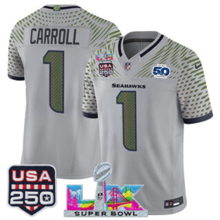 Youth Seattle Seahawks #1 Pete Carroll Gray 2025 F.U.S.E. Super Bowl LX & US 250th anniversary Patch And 50th Season Patch Rivalries Vapor Limited Stitched Football Jersey