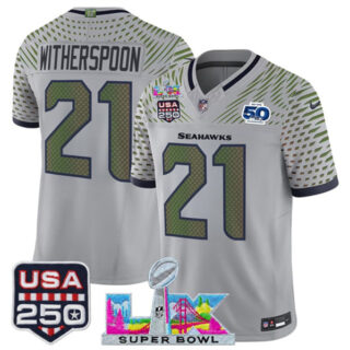 Youth Seattle Seahawks #21 Devon Witherspoon Gray 2025 F.U.S.E. Super Bowl LX & US 250th anniversary Patch And 50th Season Patch Rivalries Vapor Limited Stitched Football Jersey