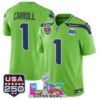 Youth Seattle Seahawks #1 Pete Carroll Green 2025 F.U.S.E. Super Bowl LX Patch And 50th Season & USA 250' Patch Vapor Limited Stitched Football Jersey