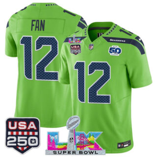 Youth Seattle Seahawks #12 Fan Green 2025 F.U.S.E. Super Bowl LX Patch And 50th Season & USA 250' Patch Vapor Limited Stitched Football Jersey