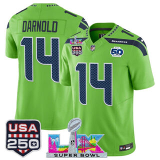 Youth Seattle Seahawks #14 Sam Darnold Green 2025 F.U.S.E. Super Bowl LX Patch And 50th Season & USA 250' Patch Vapor Limited Stitched Football Jersey