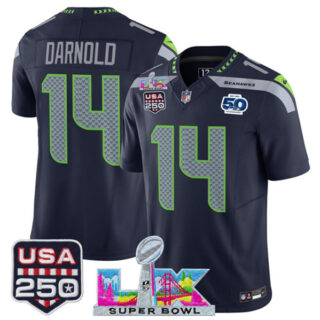 Youth Seattle Seahawks #14 Sam Darnold Navy 2025 F.U.S.E. Super Bowl LX Patch And 50th Season & USA 250' Patch Vapor Limited Stitched Football Jersey