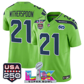 Youth Seattle Seahawks #21 Devon Witherspoon Green 2025 F.U.S.E. Super Bowl LX Patch And 50th Season & USA 250' Patch Vapor Limited Stitched Football Jersey