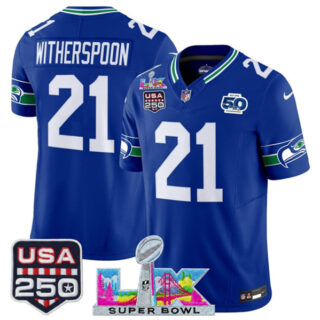 Youth Seattle Seahawks #21 Devon Witherspoon Royal 2025 F.U.S.E. Super Bowl LX Patch And 50th Season & USA 250' Patch Vapor Throwback Limited Stitched Football Jersey