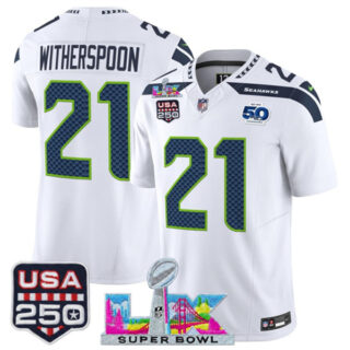 Youth Seattle Seahawks #21 Devon Witherspoon White 2025 F.U.S.E. Super Bowl LX Patch And 50th Season & USA 250' Patch Vapor Limited Stitched Football Jersey