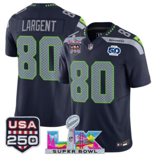 Youth Seattle Seahawks #80 Steve Largent Navy 2025 F.U.S.E. Super Bowl LX Patch And 50th Season & USA 250' Patch Vapor Limited Stitched Football Jersey