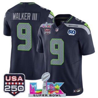 Youth Seattle Seahawks #9 Kenneth Walker III Navy 2025 F.U.S.E. Super Bowl LX Patch And 50th Season & USA 250' Patch Vapor Limited Stitched Football Jersey