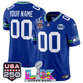 Youth Seattle Seahawks Active Player Custom Royal 2025 F.U.S.E. Super Bowl LX & US 250th anniversary Patch And 50th Season Patch Vapor Throwback Limited Stitched Football Jersey