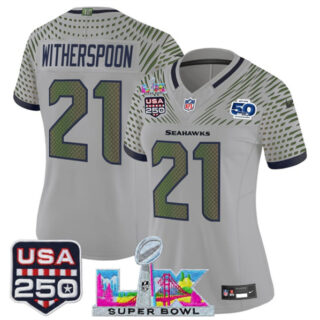 Women's Seattle Seahawks #21 Devon Witherspoon Gray 2025 F.U.S.E. Super Bowl LX & US 250th anniversary Patch And 50th Season Patch Rivalries Vapor Limited Football Stitched Jersey(Run Small)