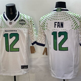 Men's Seattle Seahawks #12 Fan White 2025 F.U.S.E. Rivalries NFC West Division Champions Patch Vapor Untouchable Limited Stitched Football Jersey