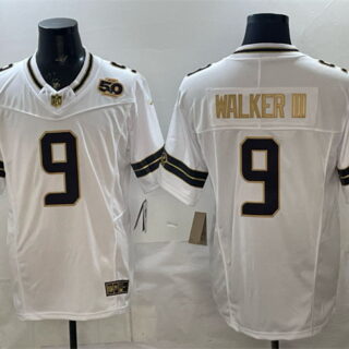 Men's Seattle Seahawks #9 Kenneth Walker III White Gold 2025 F.U.S.E. 50th Season Patch Vapor Limited Stitched Football Jersey