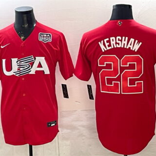 Men's USA Baseball #22 Clayton Kershaw Red 2026 World Baseball Classic USA 250' Patch Stadium Stitched Jersey