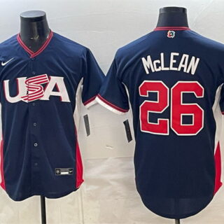 Men's USA Baseball #26 Nolan McLean Navy 2026 World Baseball Classic Road Stadium Stitched Jersey