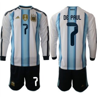 Men's Argentina #7 DE PAUL Long Sleeve National Team FIFA x World Cup 2026 Home White On Field Jersey