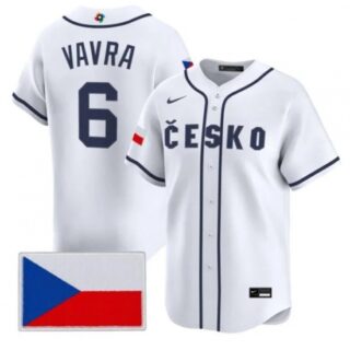 Men's Czech Republic Baseball #6 Terrin Vavra White 2026 World Baseball Classic Jersey