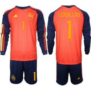 Men's Spain #1 I.CASILLAS National Team FIFA x World Cup 2026 Long Sleeve Home Red On Field Jerseys